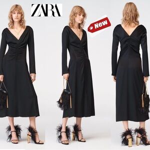 Zara Studio Collection limited edition black A-line V- neck pleated midi dress M
